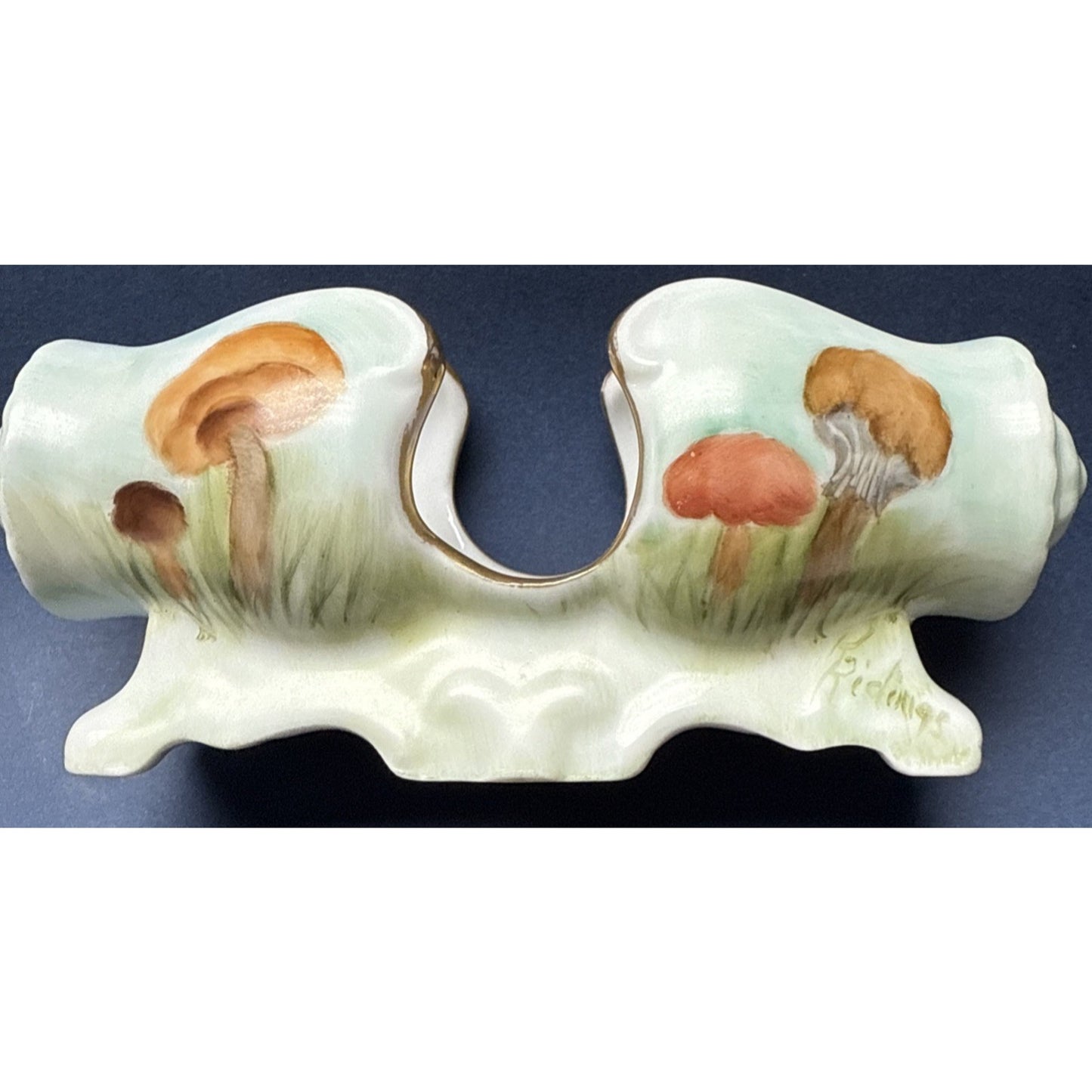 Vintage Porcelain Toothpick Holder Horizontal Hand Painted Mushrooms Gold Footed