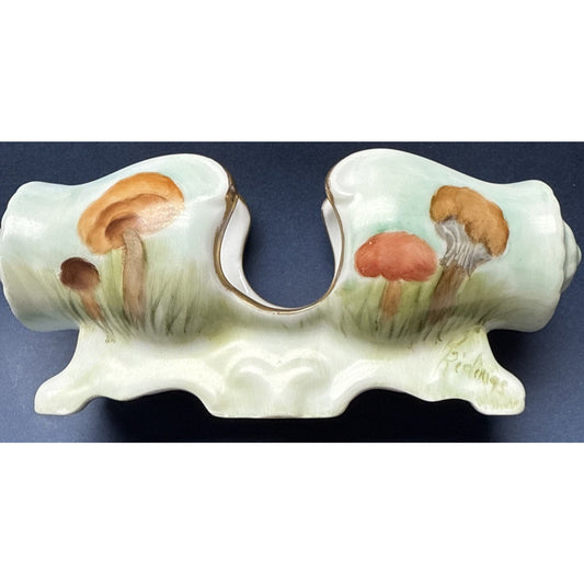 Vintage Porcelain Toothpick Holder Horizontal Hand Painted Mushrooms Gold Footed