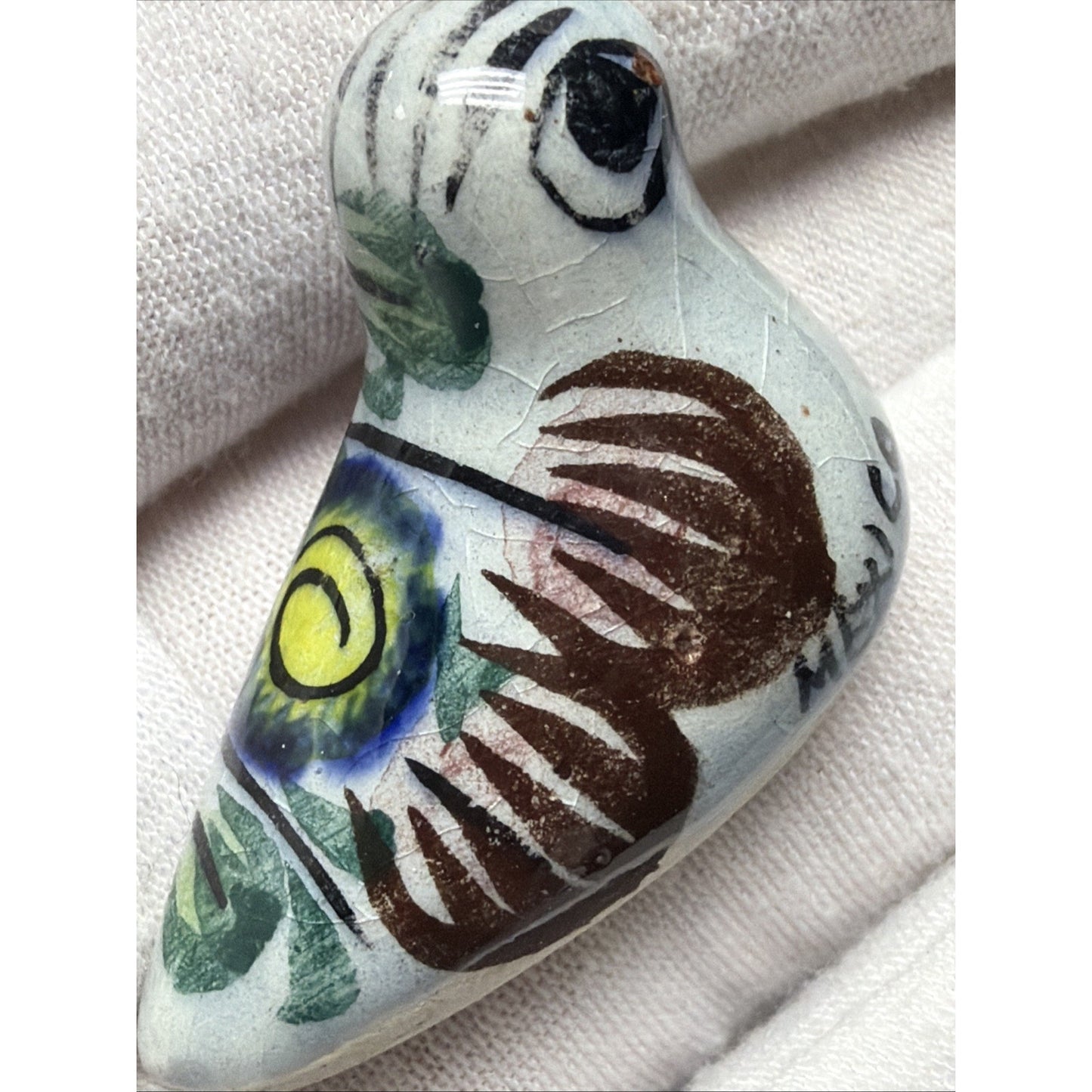 Vtg Mexican Tonala Pottery Mini Bird Hand Painted Glazed Floral Signed As Is