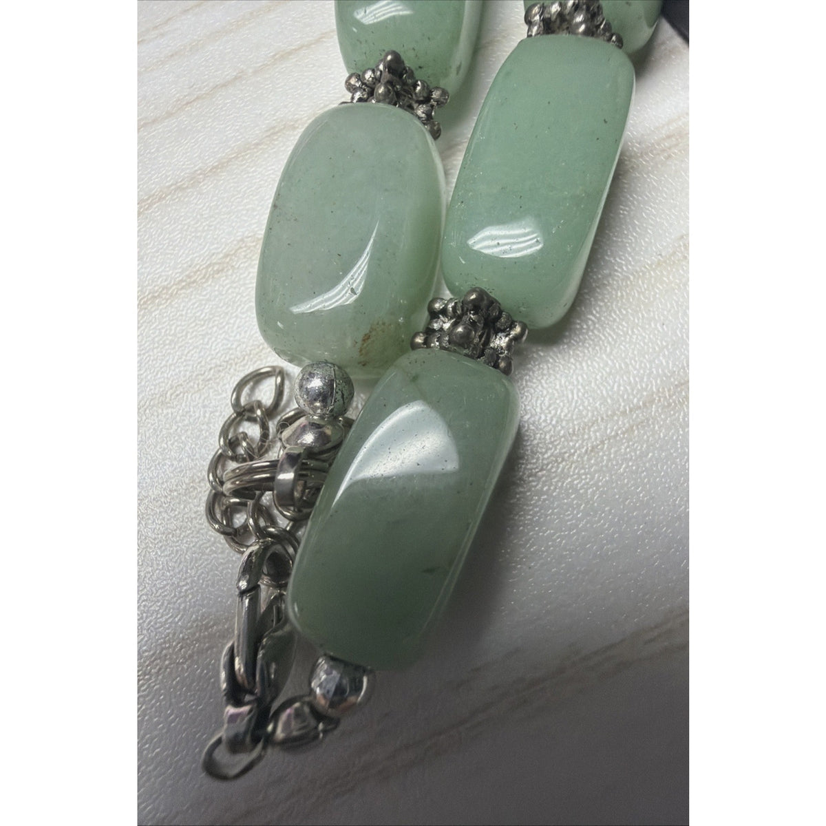 Jade Jadite Tumbler Beaded Silver Tone Necklace Green Choker Statement Chunky