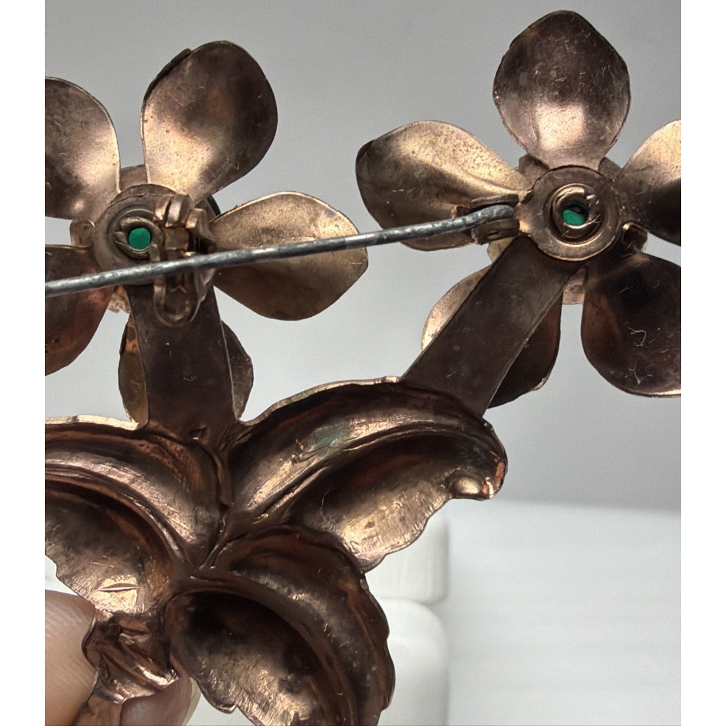 Vintage Copper Floral Flower Brooch Large Green Emerald Rhinestone