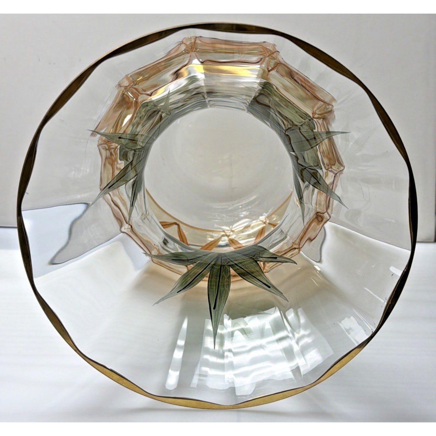 Romanian Crystal Pineapple Vase Gold Trim Green Palm Large Orange Crystal Clear