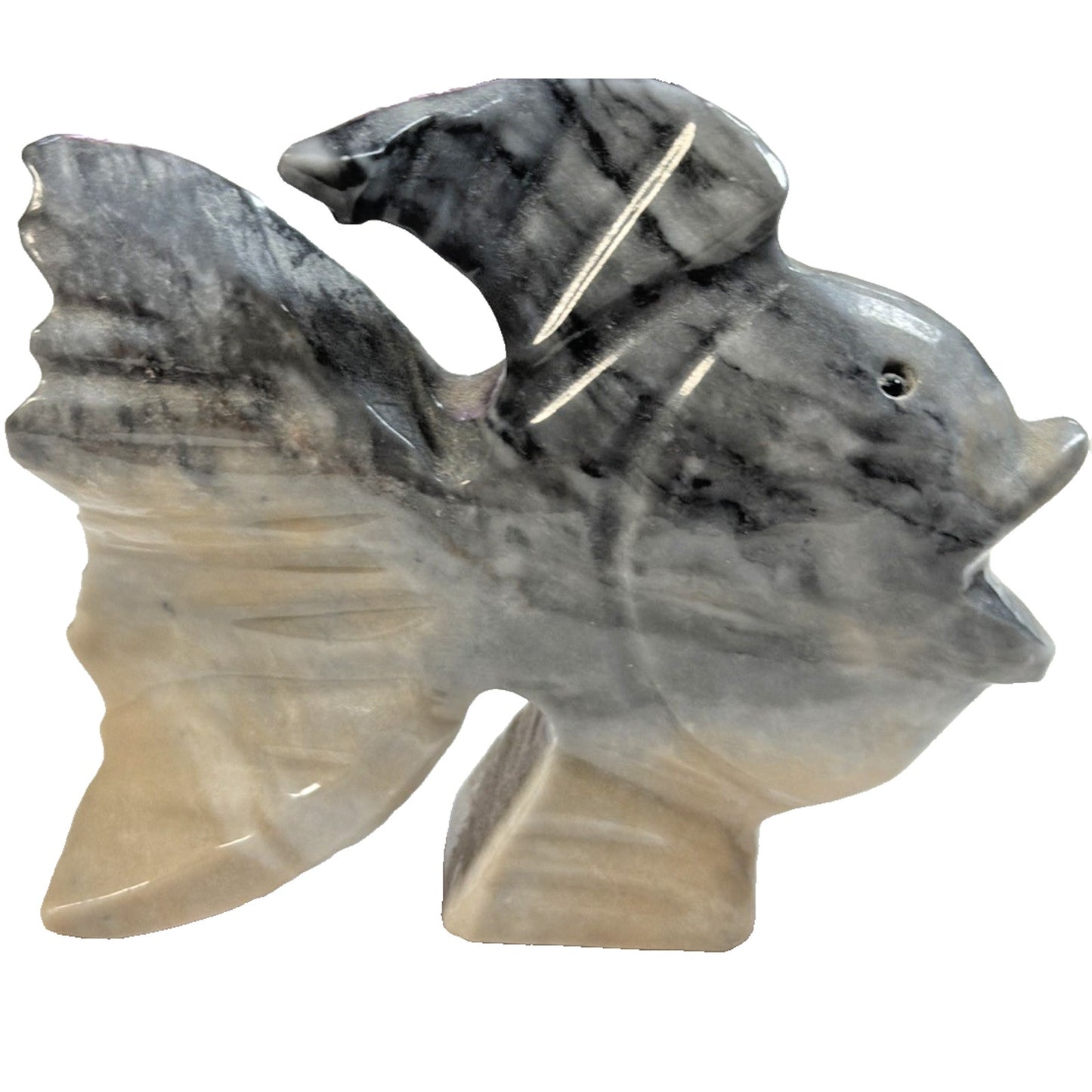 Folk Art Tellez Tecali Puebla Marbled Onyx Hand Carved Fish Sculpture Black Eyes