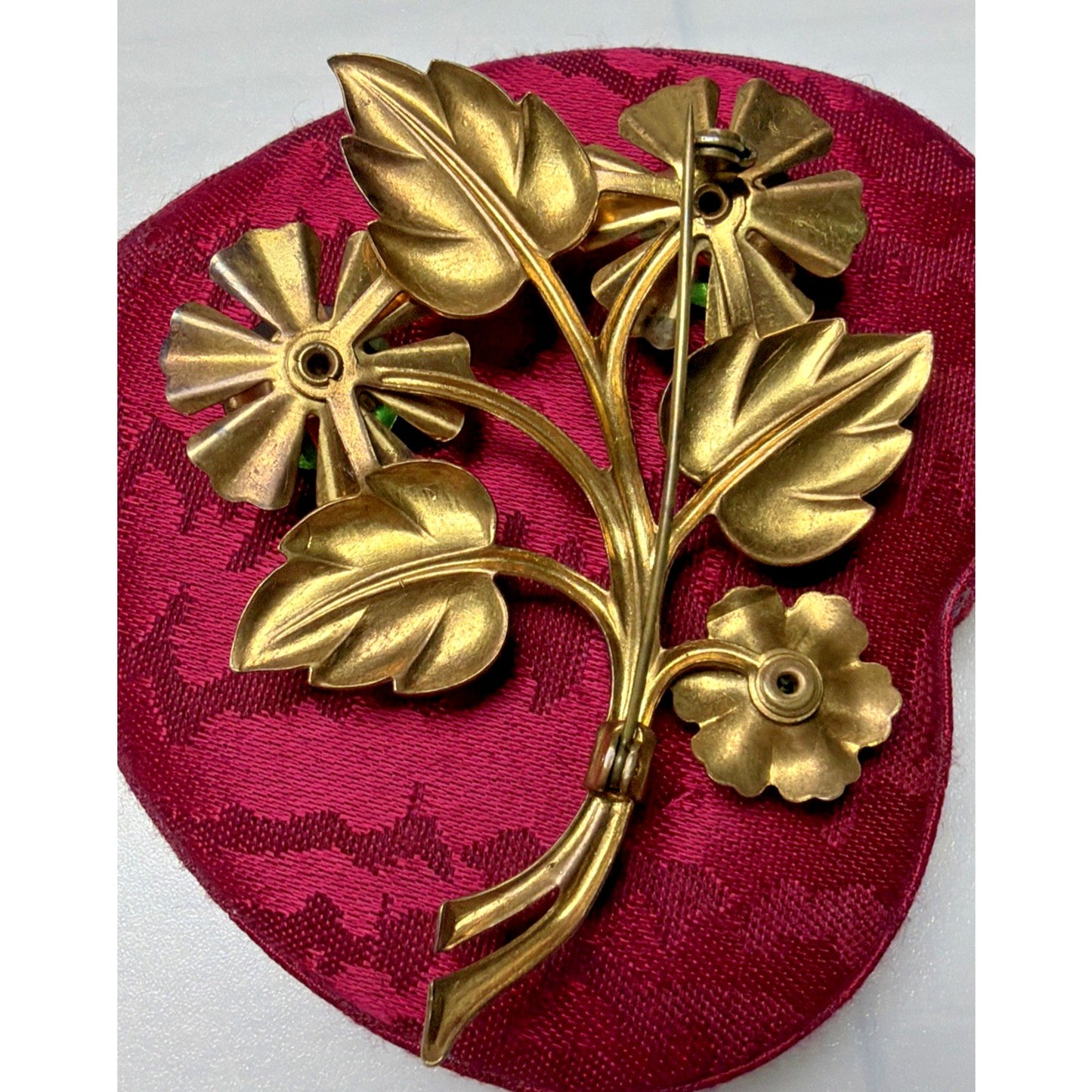 Vintage Large Gold Tone Floral Sprig Spray Brooch Pin Green Rhinestones