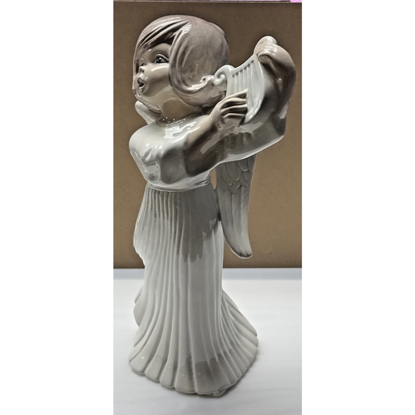 Vintage Atlantic Mold Ceramic Angel Playing Harp Hand Painted Glazed Large As Is