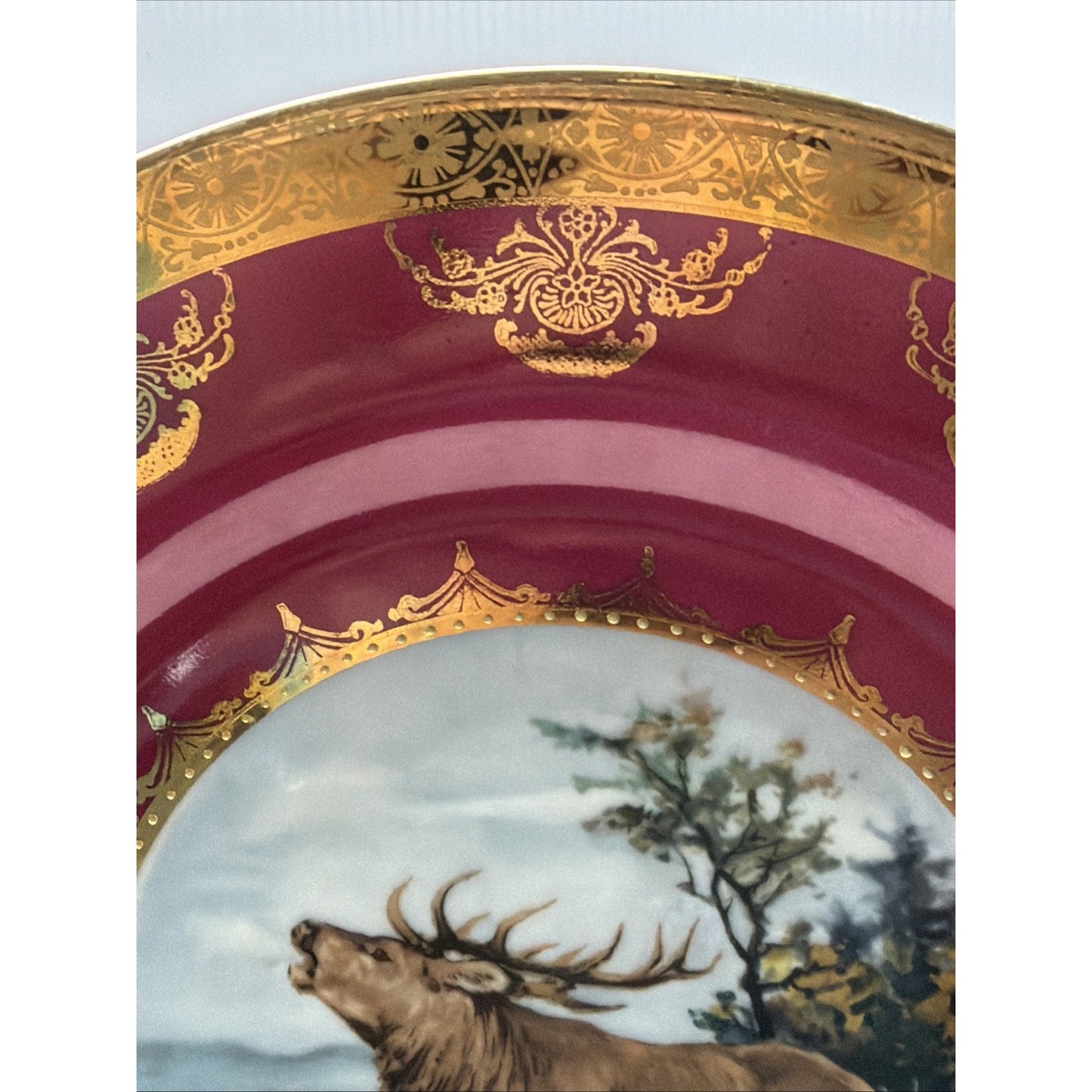 Vintage STW Bavaria Fuchsia Pink Game Plate Gold Ornate Elk Moose