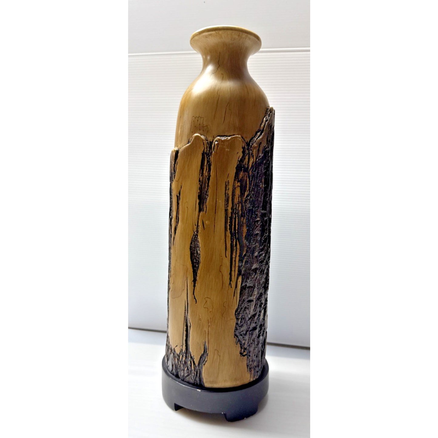 Carolyn Kinder Collection Faux Cypress Wood Urn Vase Pillar Black Pedestal As-Is