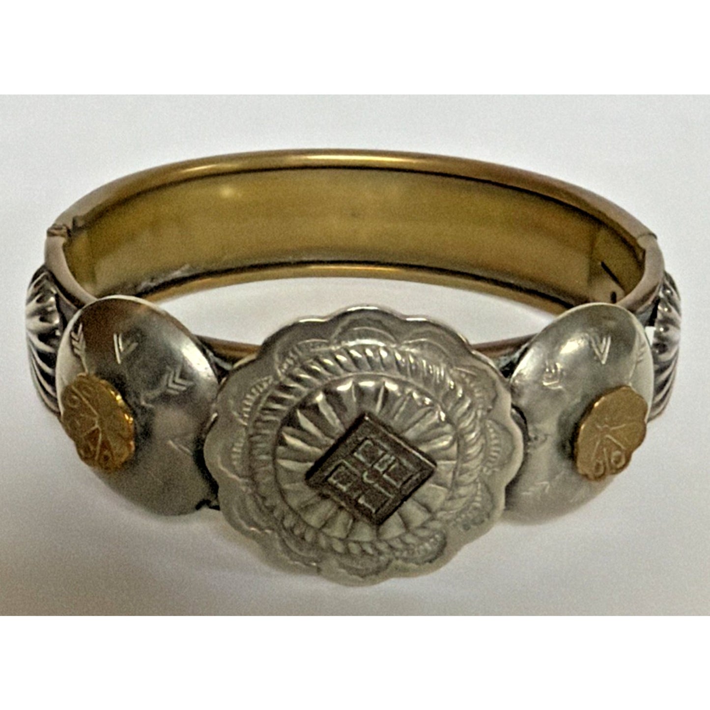 Victorian Brass Hinged Embossed Cuff Bracelet Mixed Metal Concho Western As Is