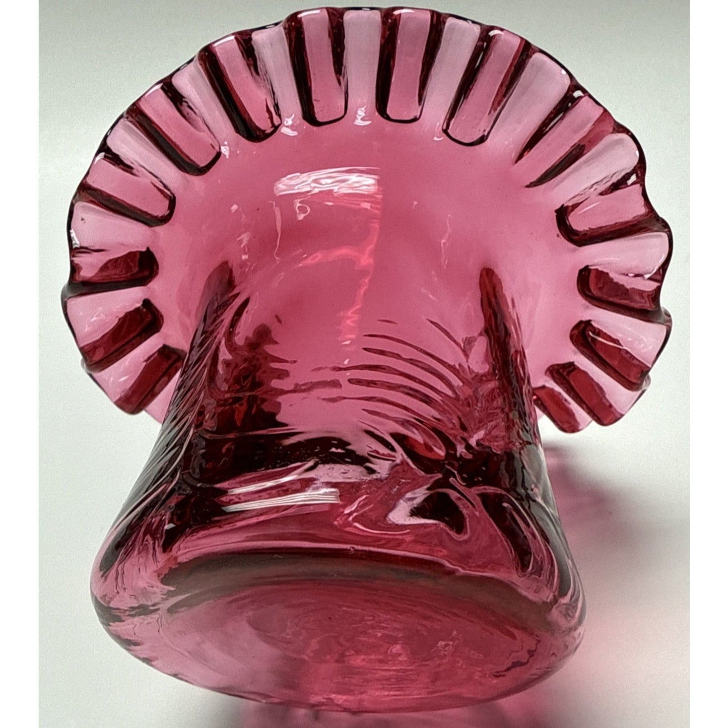 Vintage Fenton Glass Cranberry Embossed Fern #7235 Crimped Hat Vase