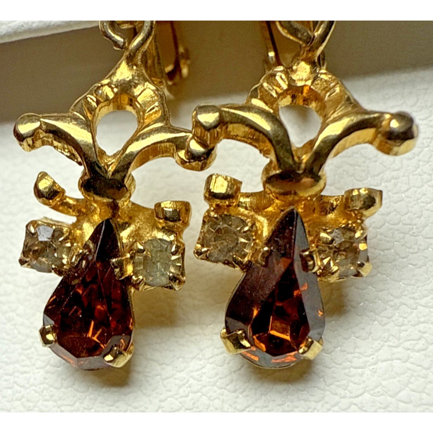 Vintage Austria Clip On Earrings Dangle Rhinestone Clear Brown Angel