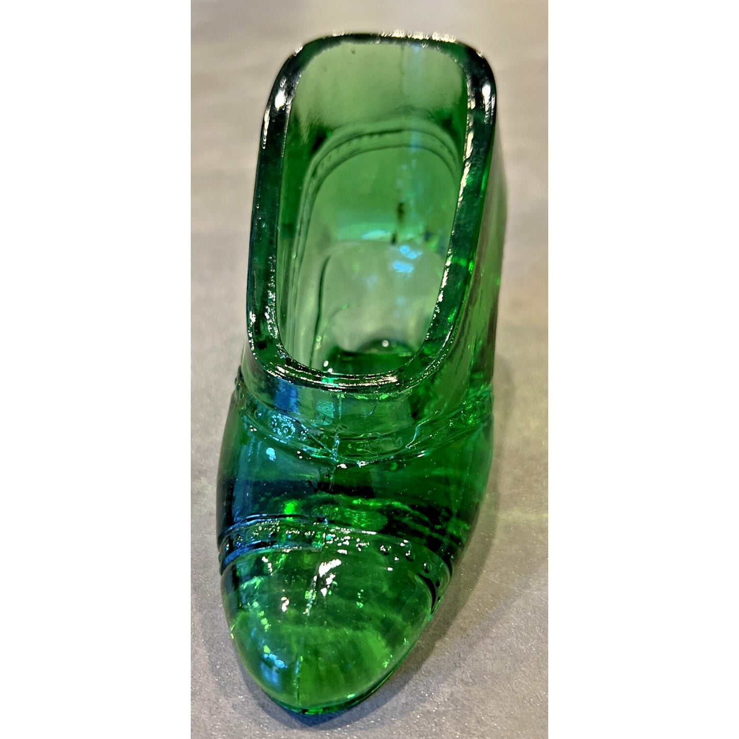 EAPG US Glass Green Ladies Shoe Novelty Ashtray Paperweight Heeled Slipper