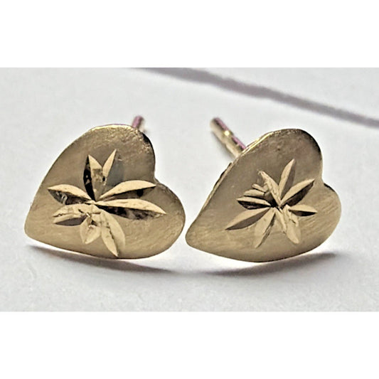 Vintage JCM Jacmel 14k Yellow Gold Diamond Cut Heart Stud Earrings No Backs