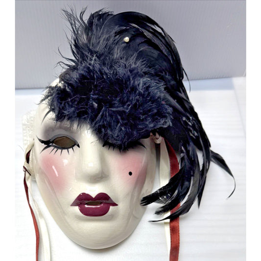 Unique Creations Ceramic Glazed Mask Feathers Pearl Signed Sticker 318/500 As-Is