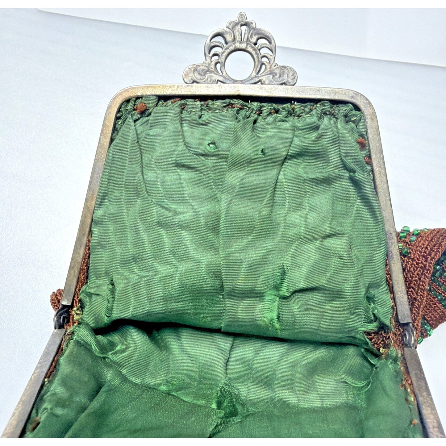 Antique Crochet Brown Green Micro Bead Purse Ornate Metal Frame Kiss Lock Strap