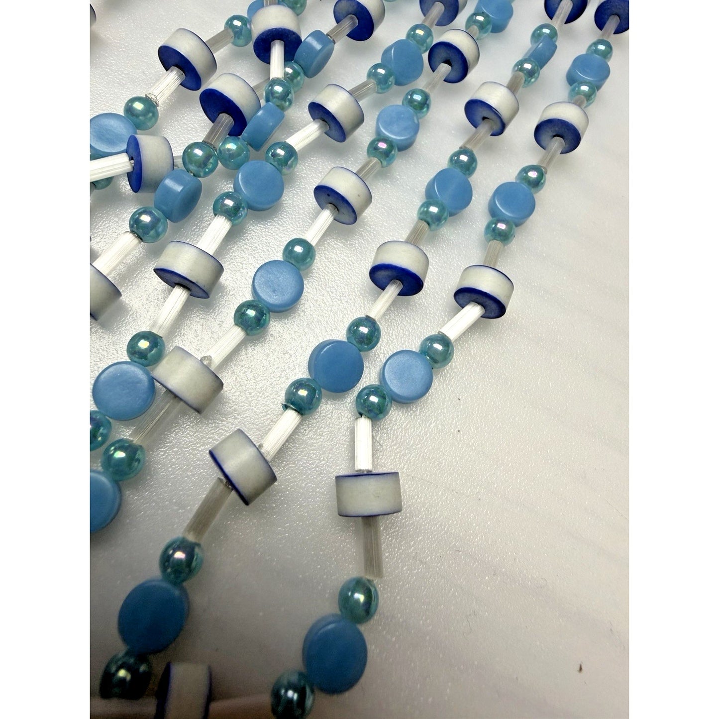 Japan Blue White Multi Strand Beaded Necklace Clip Earrings Jewelry Set As Is
