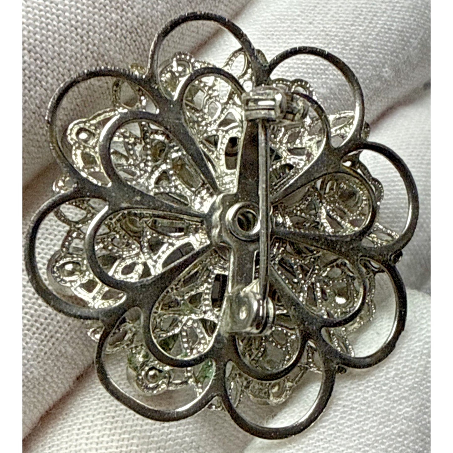 Vintage Aurora Borealis Rhinestone Silver Tone Filigree Layered Flower Brooch