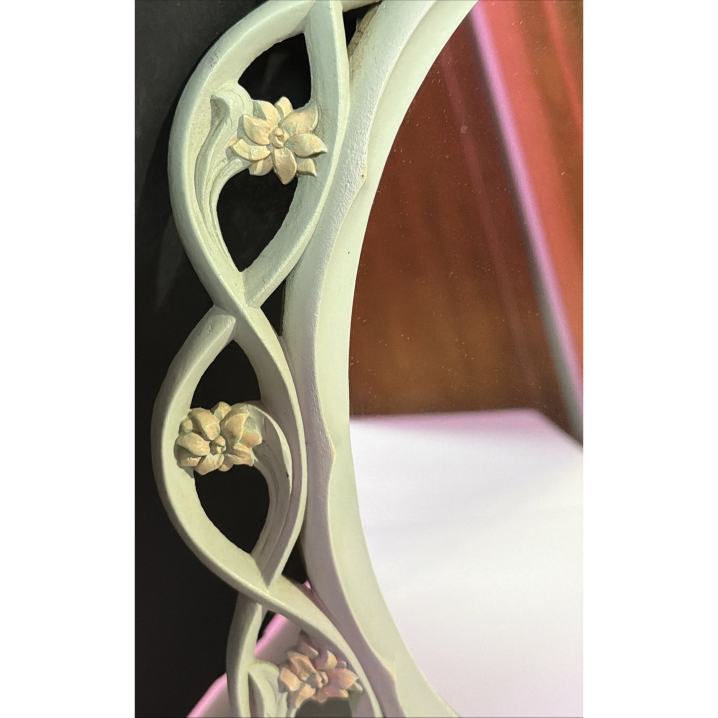 Vintage Syroco Wood Ornate Standing Hanging Mirror Green Pink Flower Buds As Is