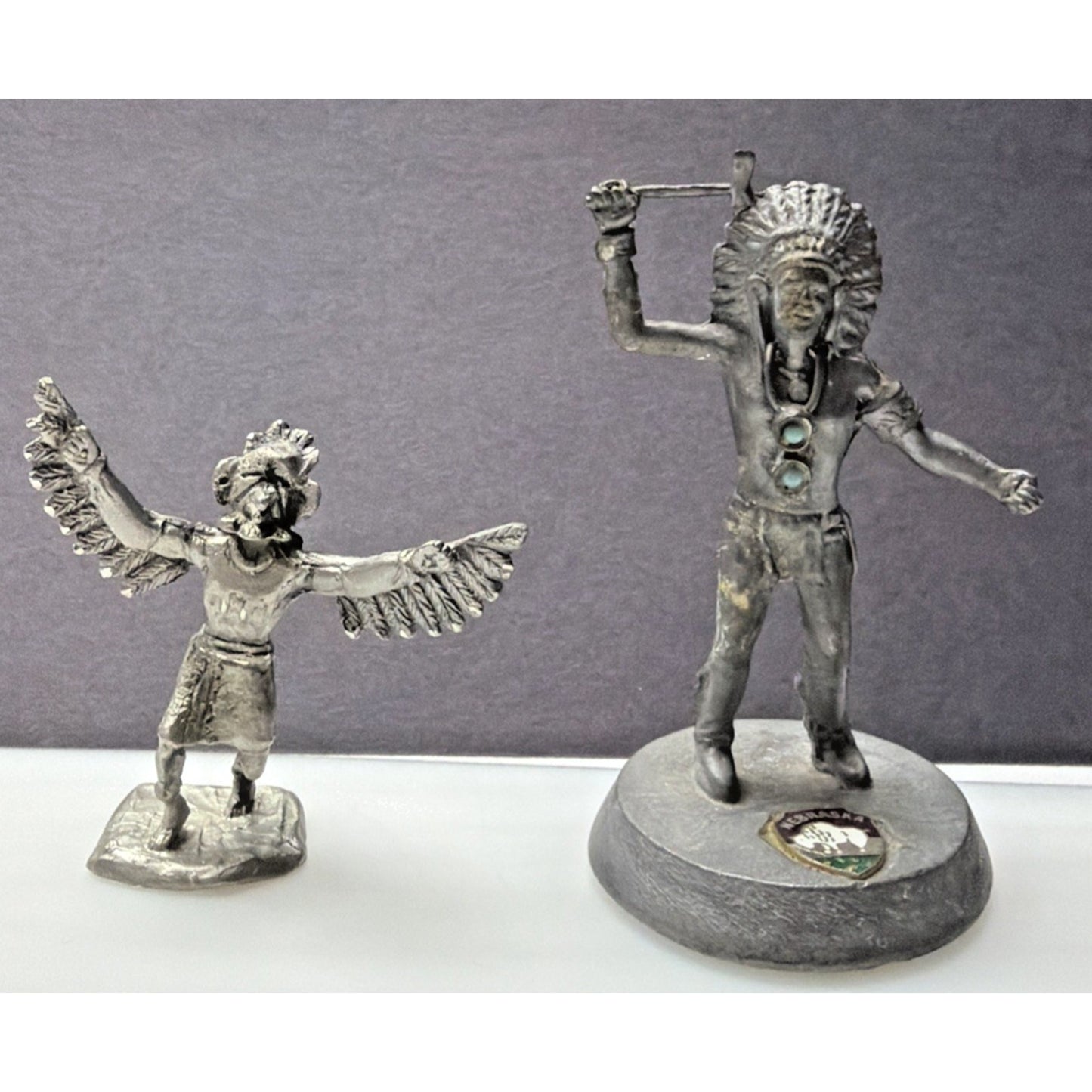 Lot of 2 Pewter Native American Kachina Dancer Indian Chief Figurines Turquoise
