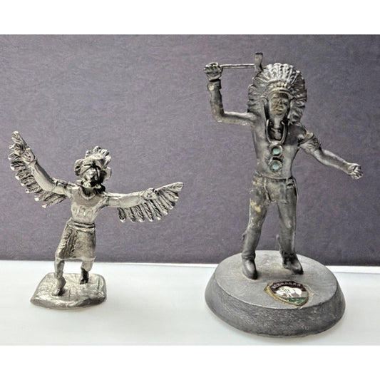Lot of 2 Pewter Native American Kachina Dancer Indian Chief Figurines Turquoise