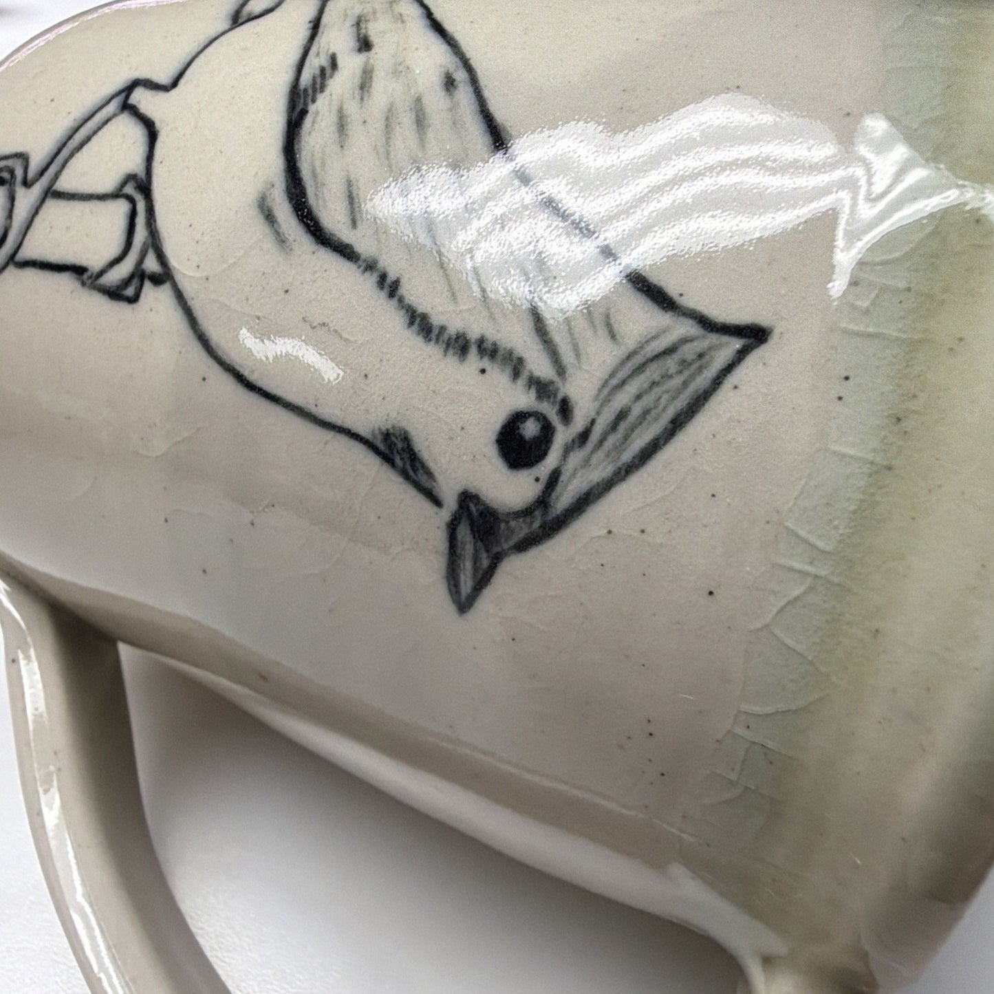 Vtg Studio Art Pottery Mug Drawn Tufted Titmouse Bird Glazed Stoneware Signed