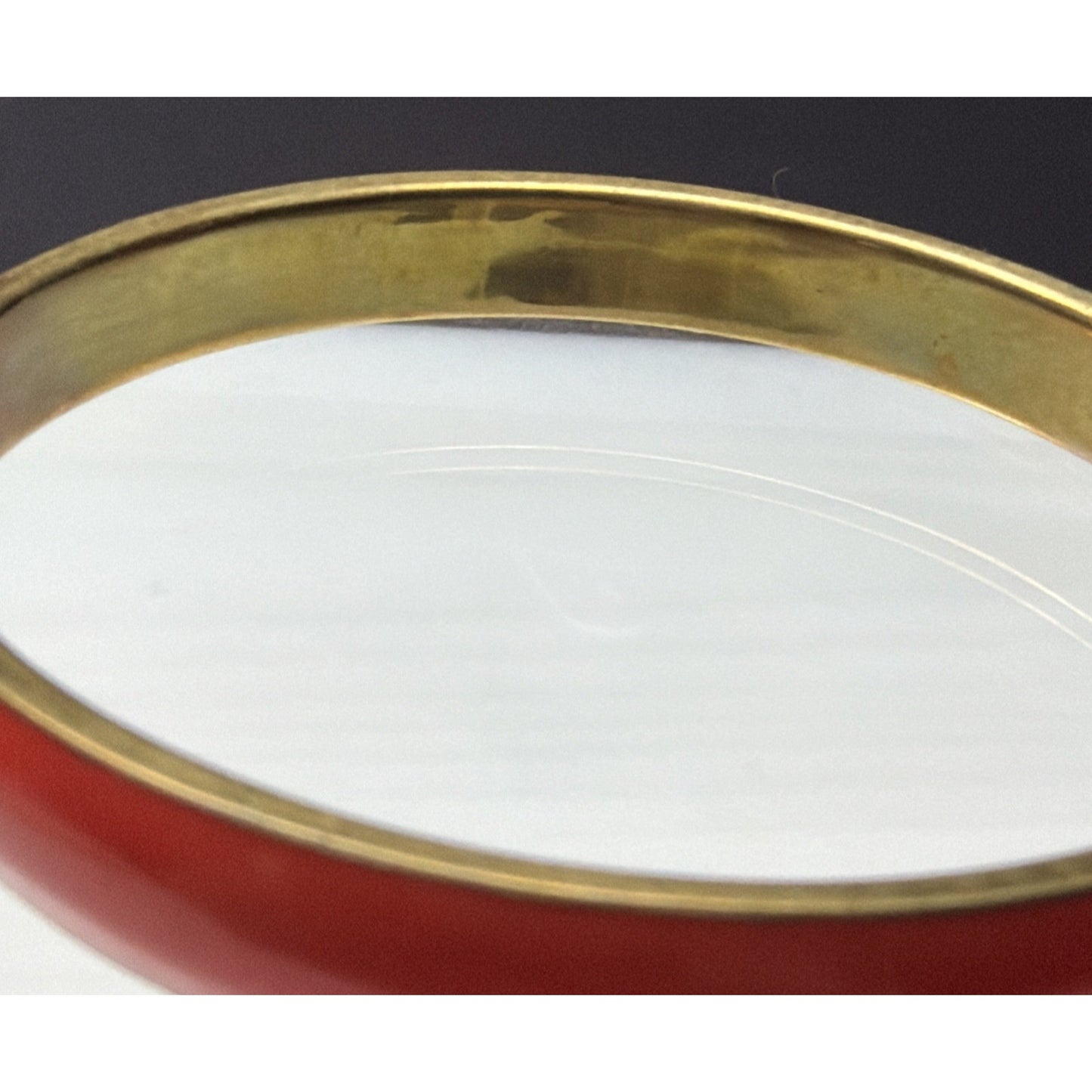 Vintage Gold Tone Metal Brass Bangle Bracelet Orange Red Celluloid Lucite