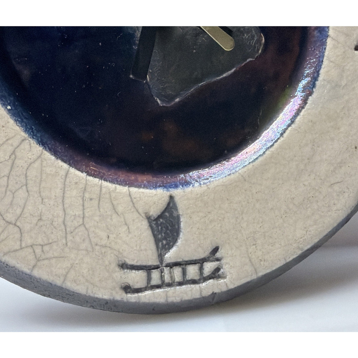 Vtg Ben Diller Raku Art Pottery Petroglyph Glazed Crackle Clock Iridescent As Is
