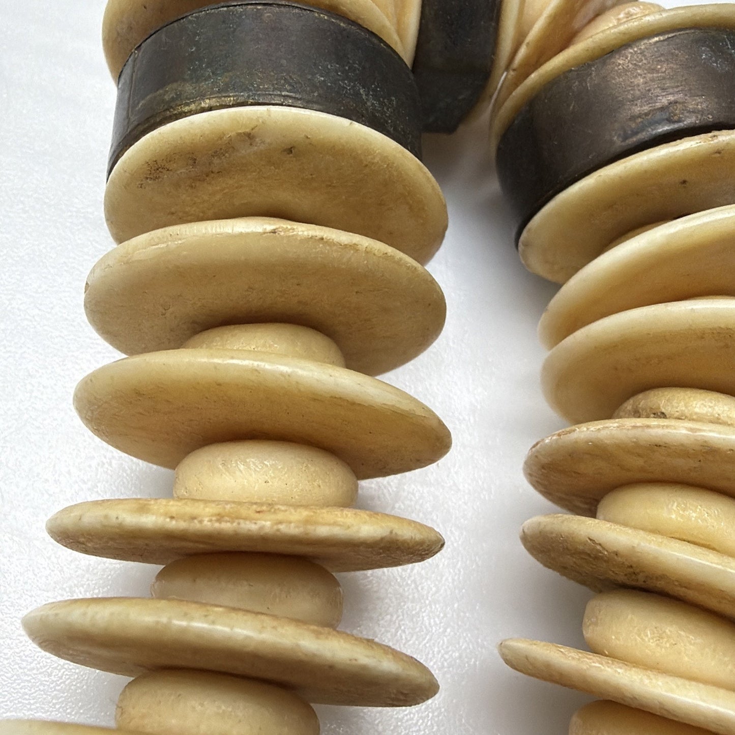 Old Ethnic Native Carved Bovine Camel Bone Brass Bronze Chunky Necklace Disc
