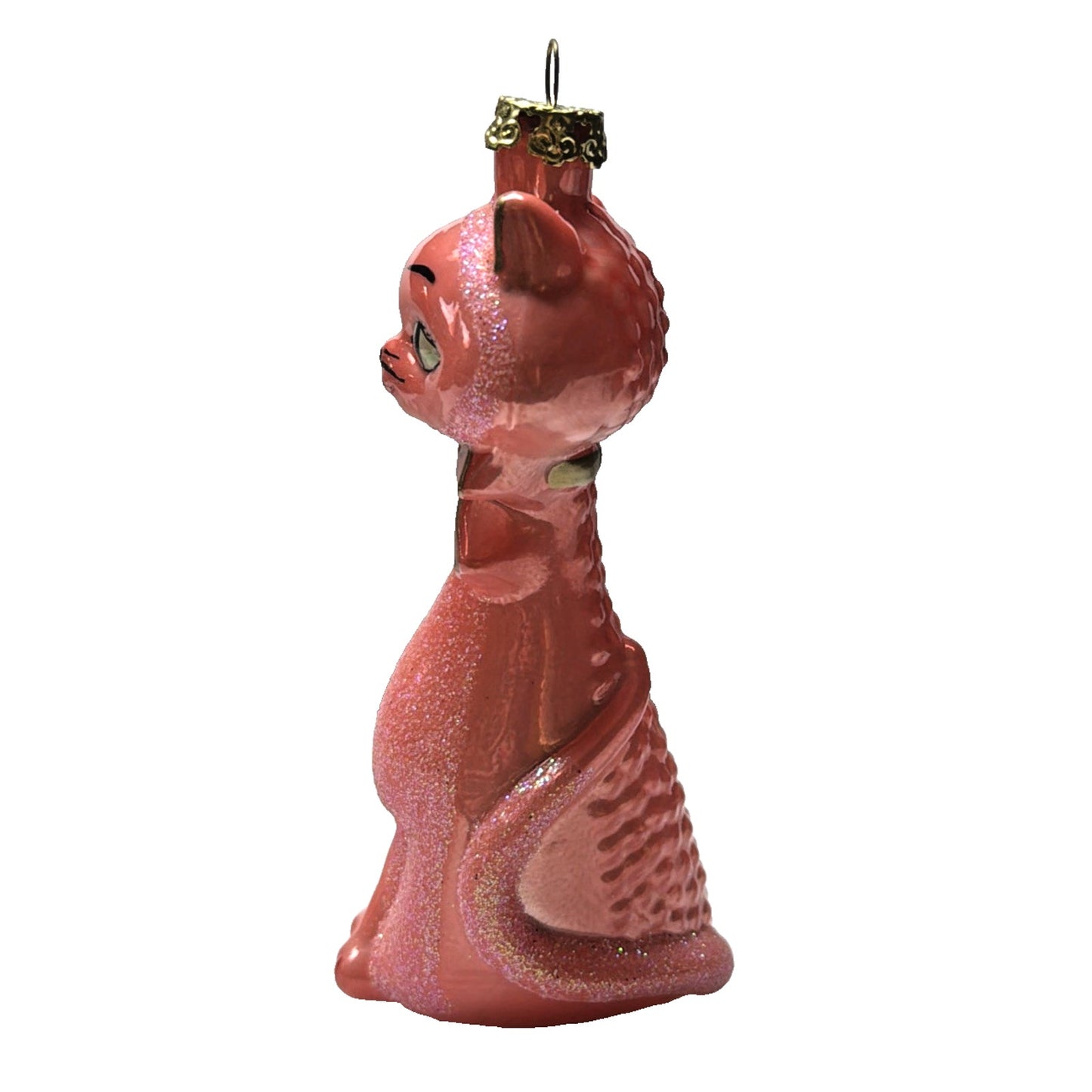 MCM Cody Foster Kitschy Kitten Glass Cat Ornament Coral Glitter