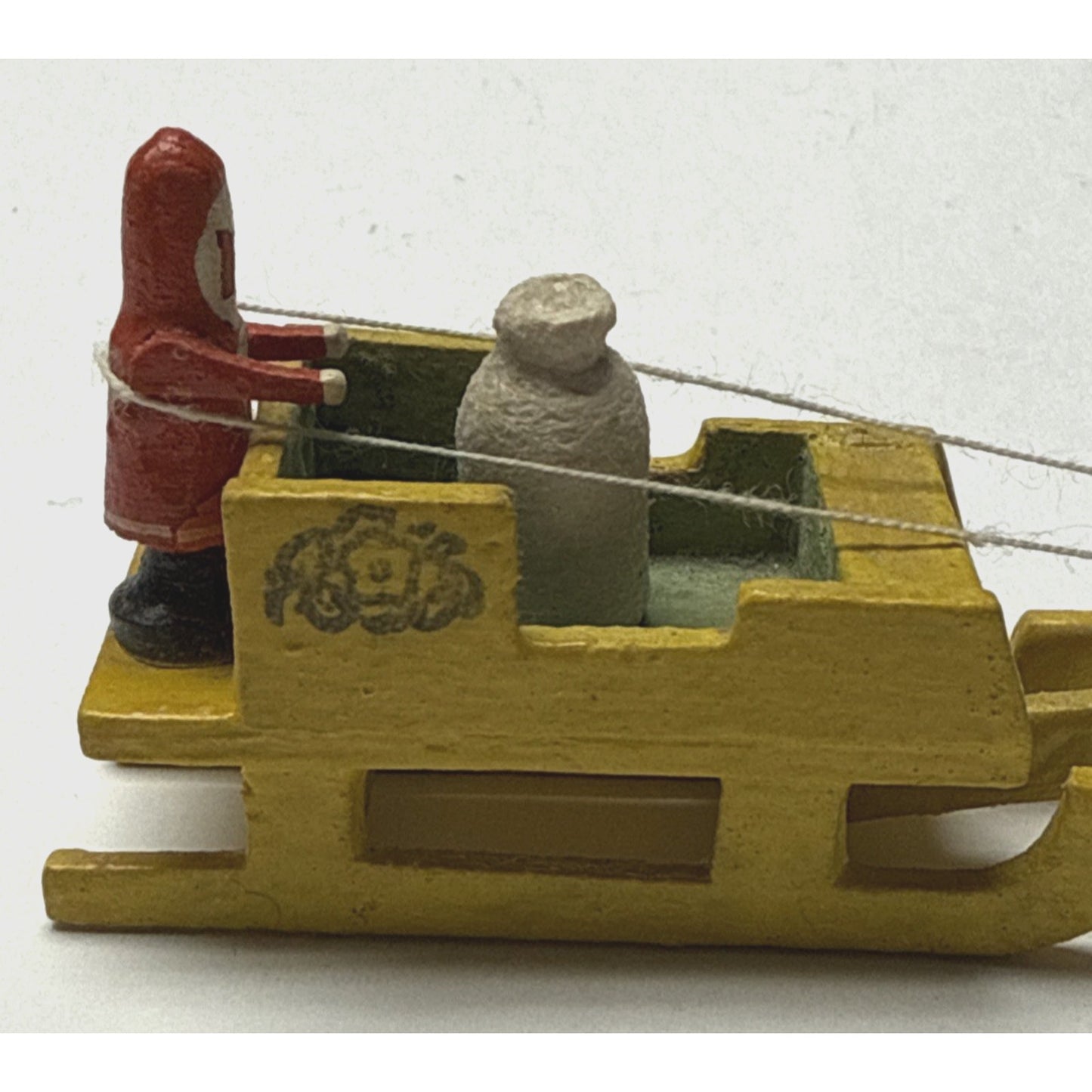 Old Erzgebirge Putz Toy Miniature Wood Santa Sleigh Reindeer Bag Christmas As-Is