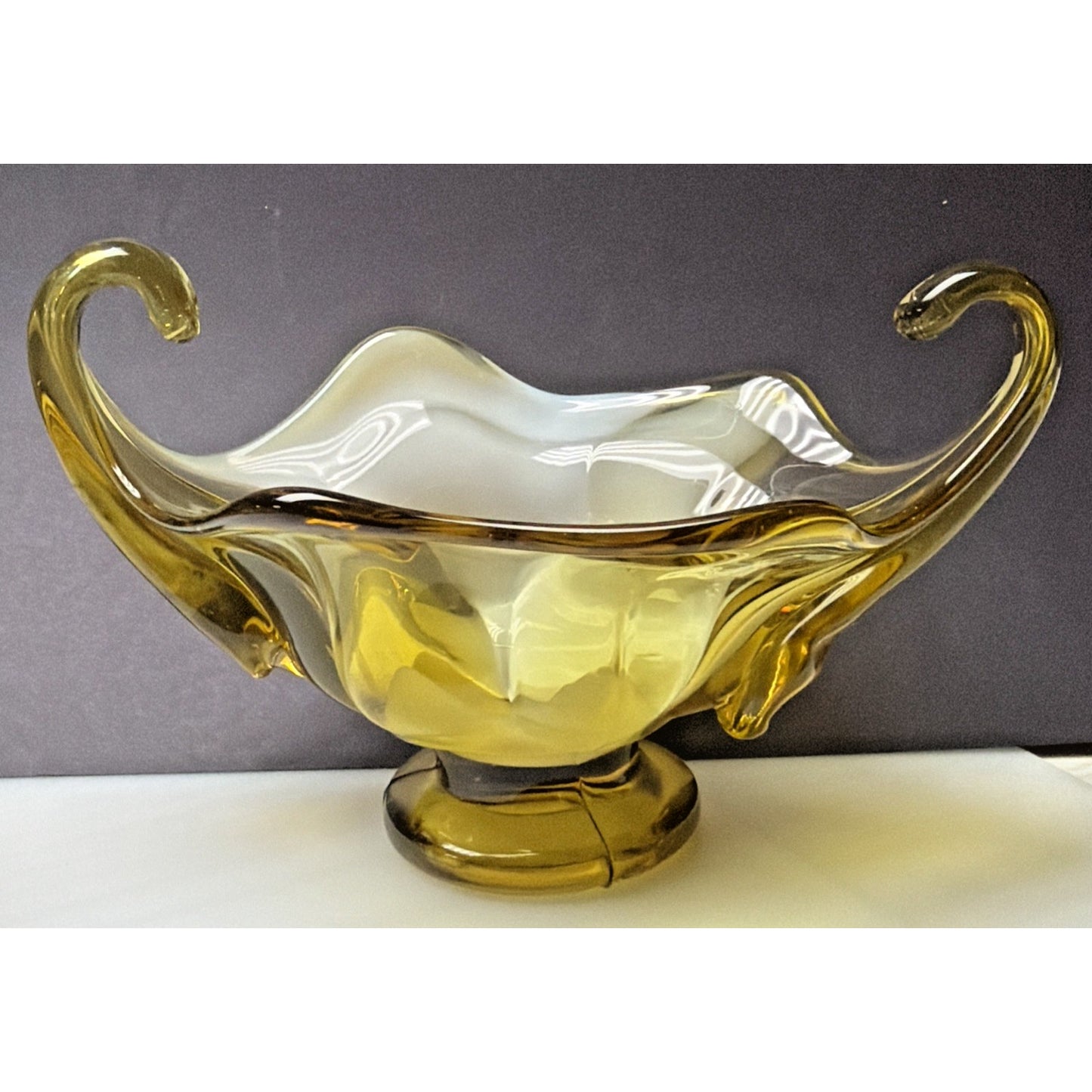 MCM Italian Art Glass Freeform Golden Bowl Amber White Handles Footed Pedestal