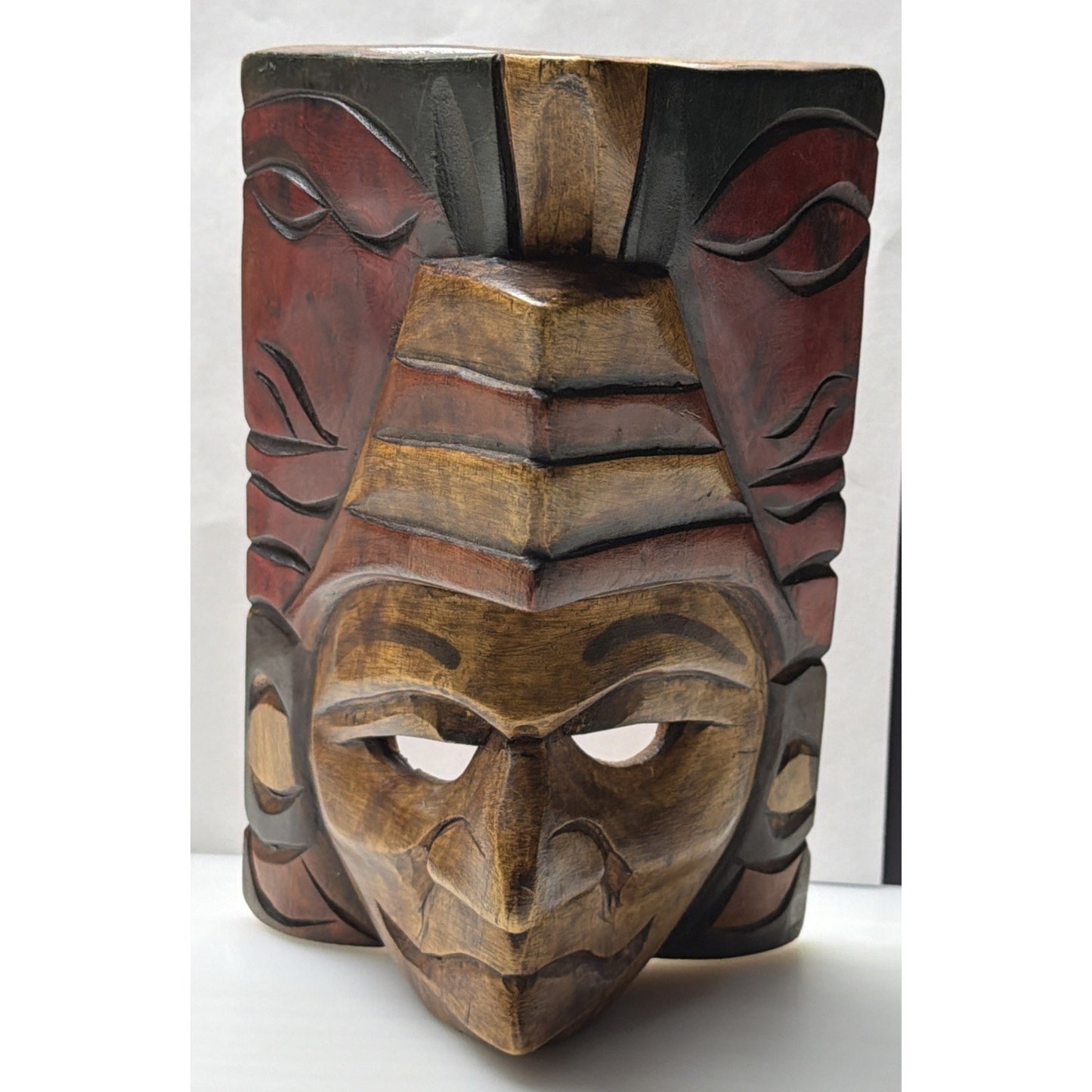 Vintage Mayan Aztec Carved Hand Painted Warrior Chief Mask Totem Tiki Wall Art