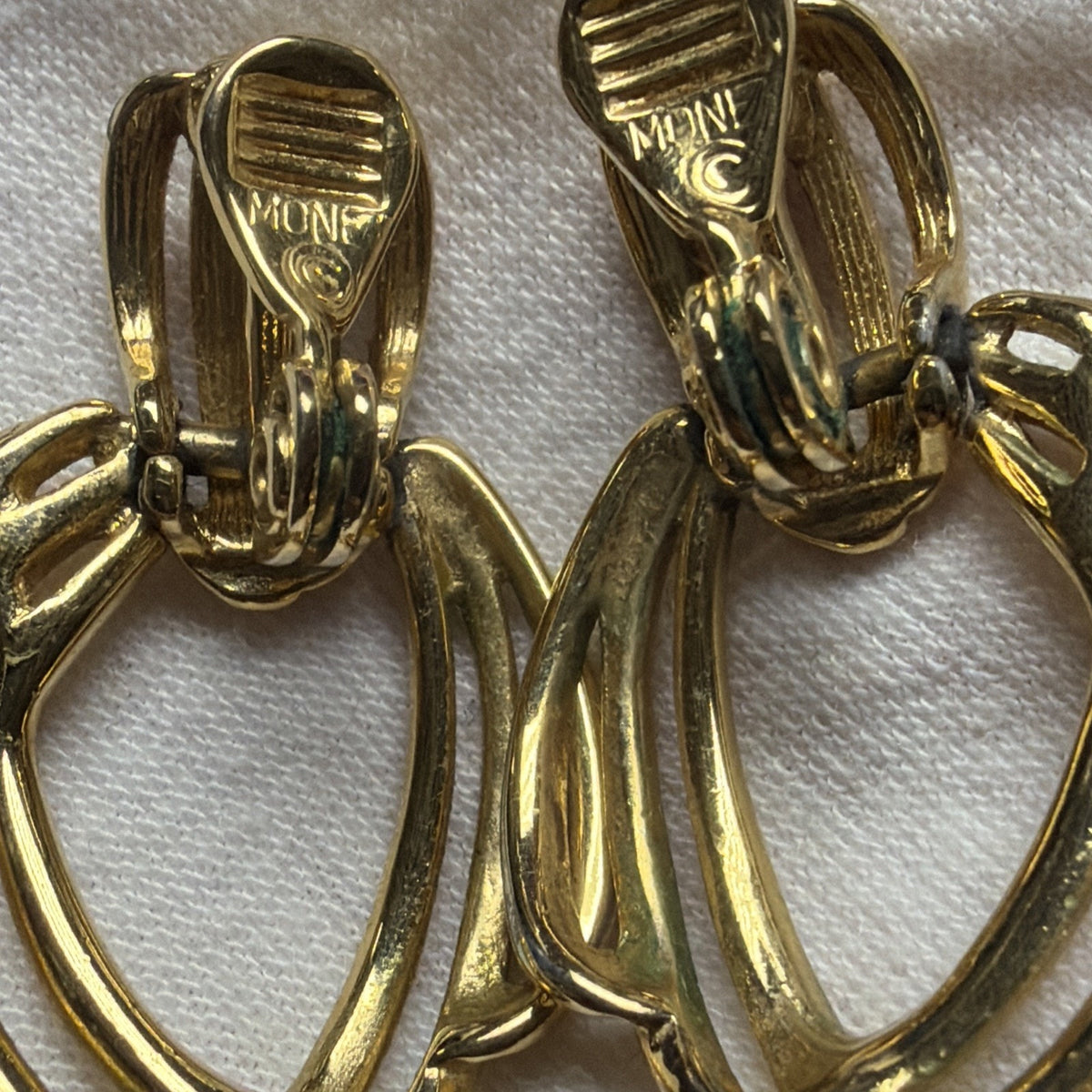 Vintage Monet Earrings Gold Tone Door Knocker Dangle Clip On Triple Hoop