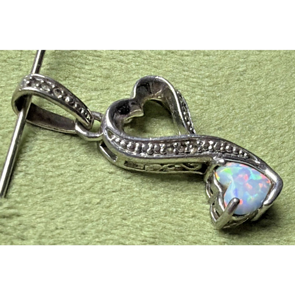 Vintage LA 925 Sterling Silver Double Heart Pendant Opal Diamond Chip