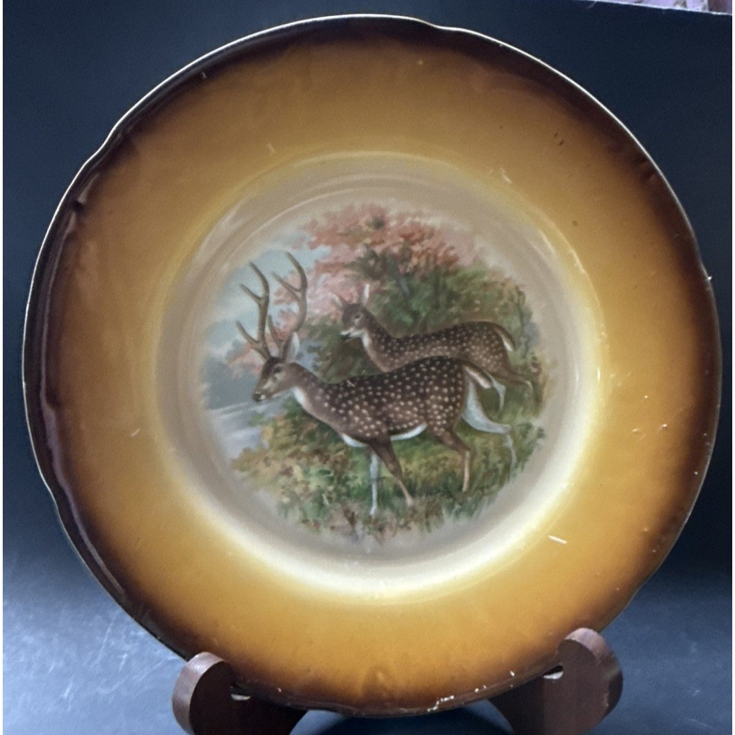Old Latona Taylor Smith Taylor Hand Painted Plate Deer Rack Landscape Signed