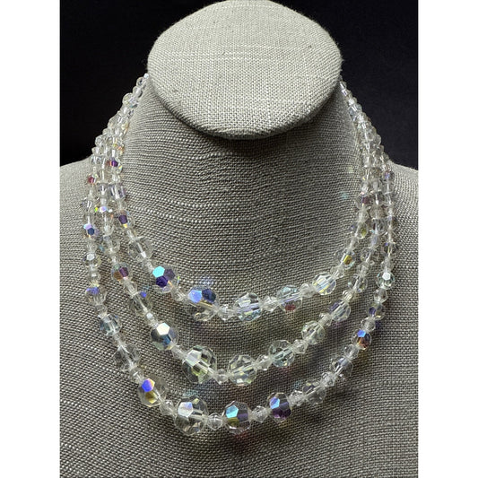 Vintage Triple Strand Necklace Aurora Borealis Crystal Faceted 13" Adjustable