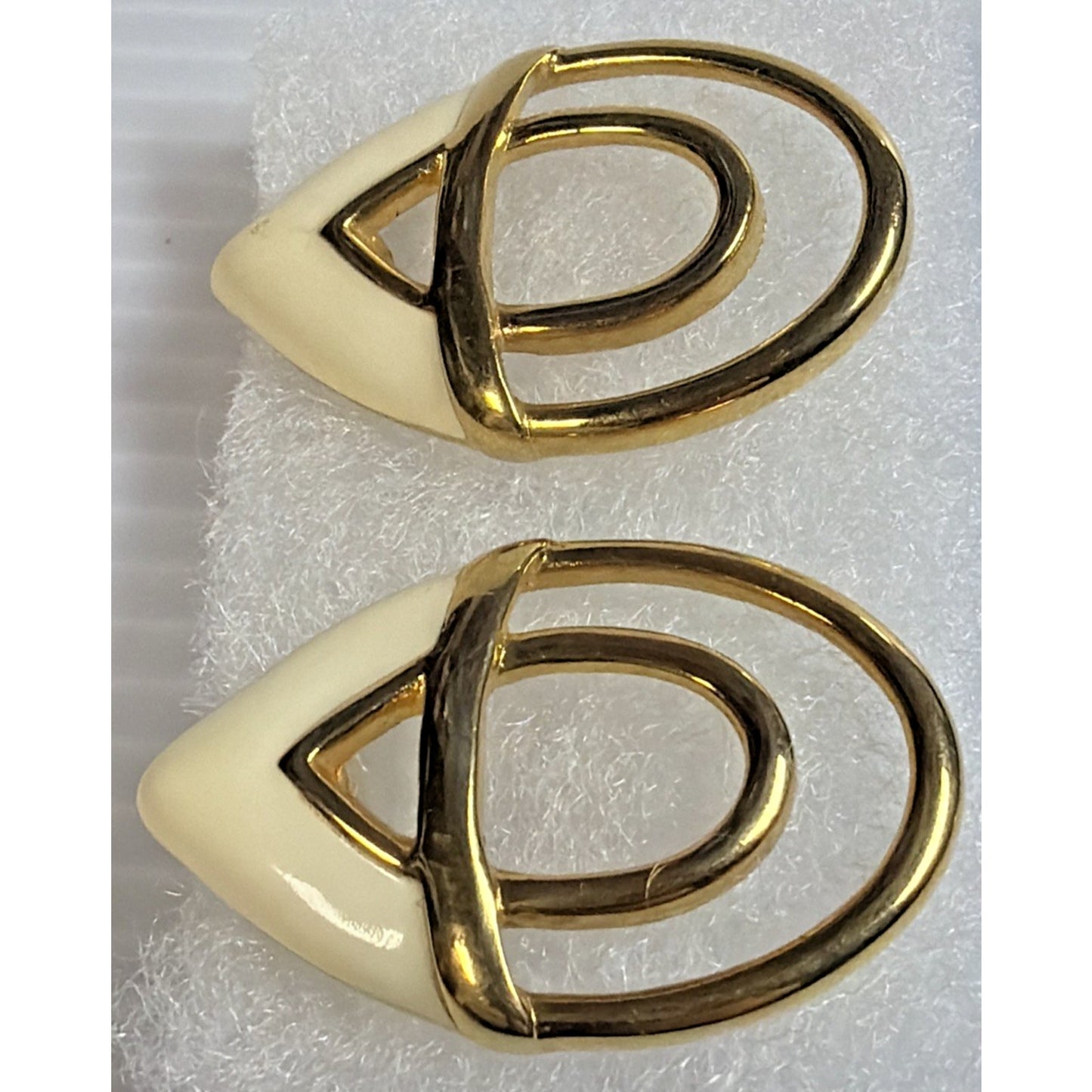 Vintage Monet Enamel Gold Tone Modernist Post Earrings White Geometric Large