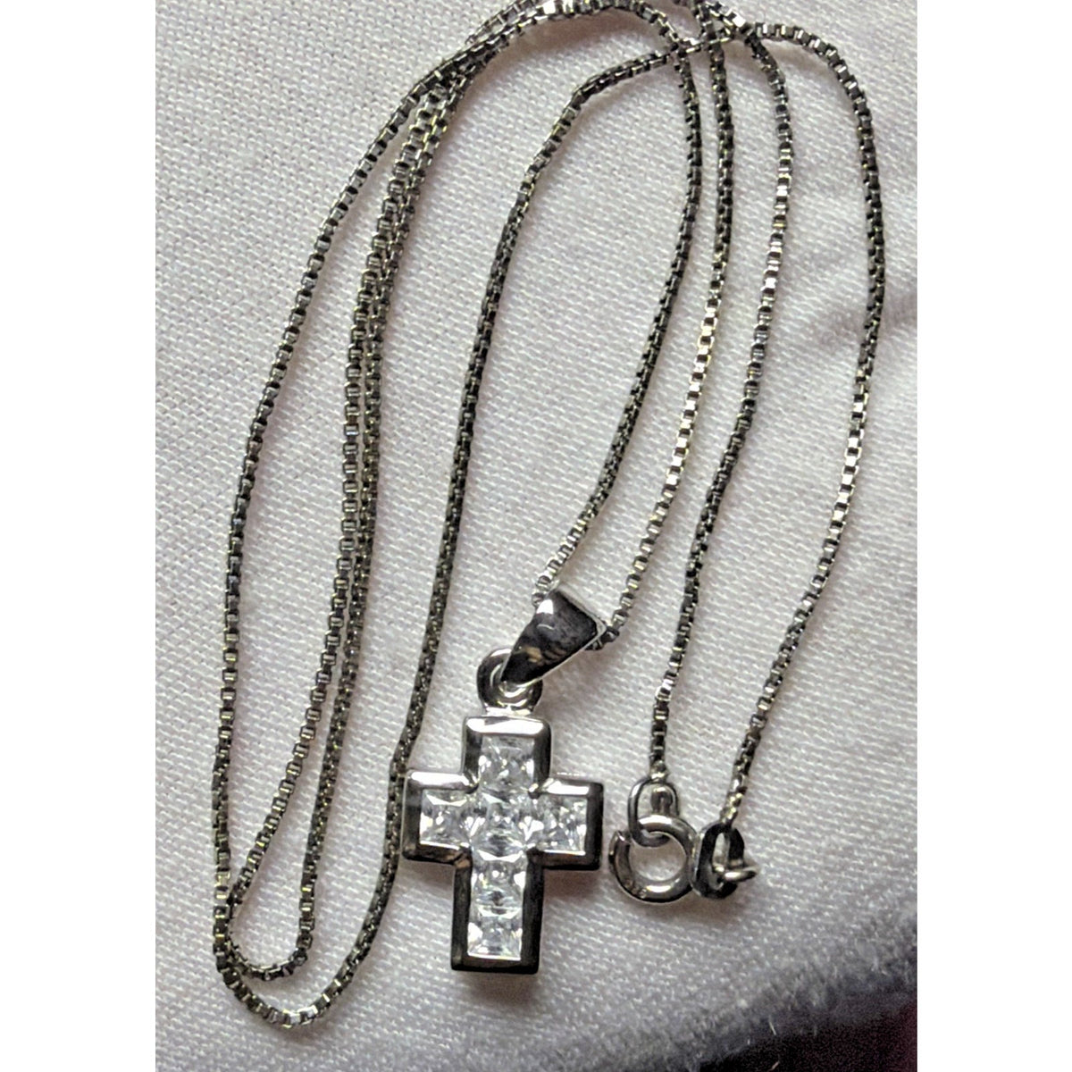 Sterling Silver Religious Cross Pendant Necklace Princess Cut Crystals Box Chain