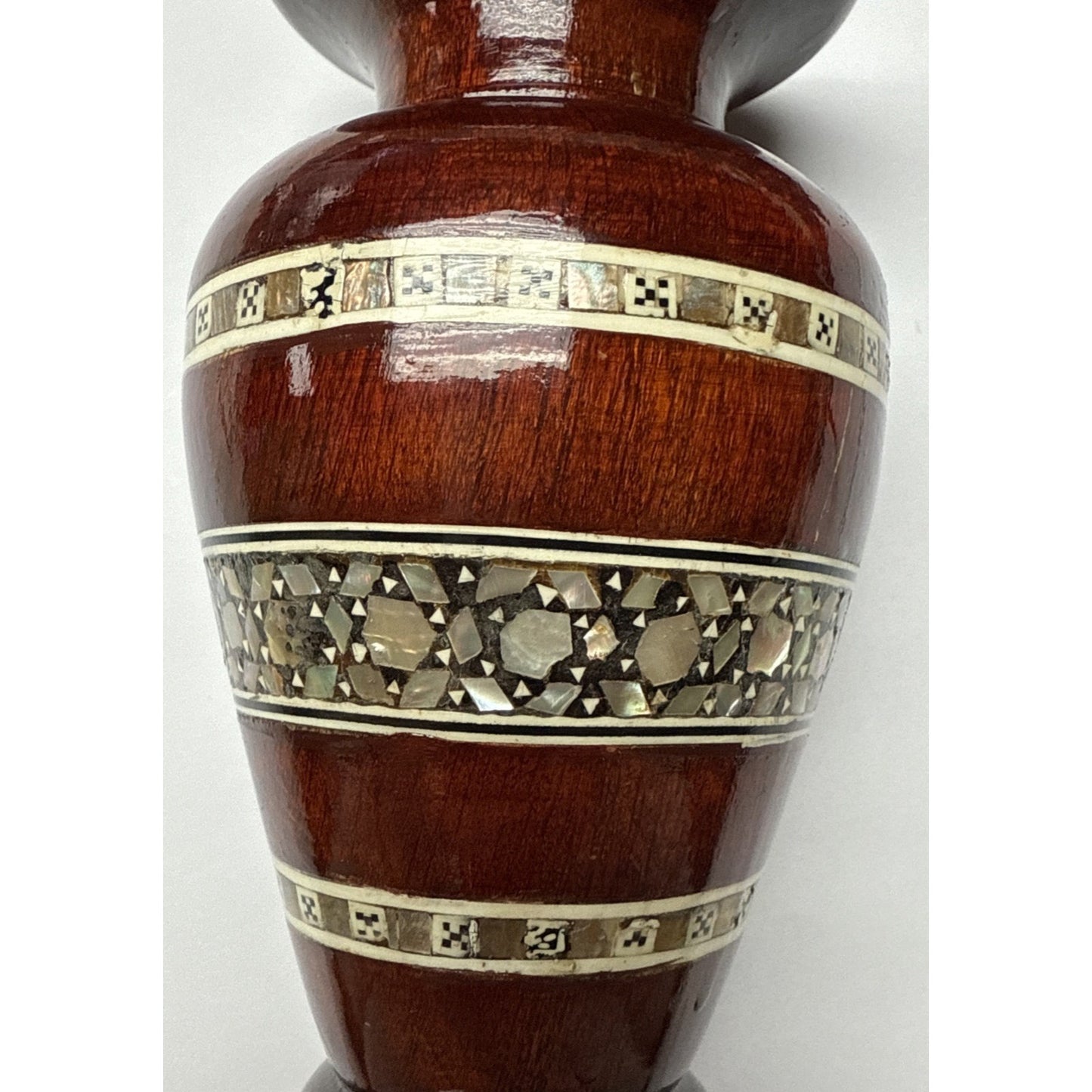 Vtg Egyptian Beechwood Inlaid Mother of Pearl Abalone Vase Mosaic Pattern As-Is