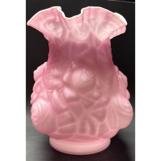 Vintage Fenton LG Wright Embossed Puffy Rose Pink Overlay White Satin Vase As-Is