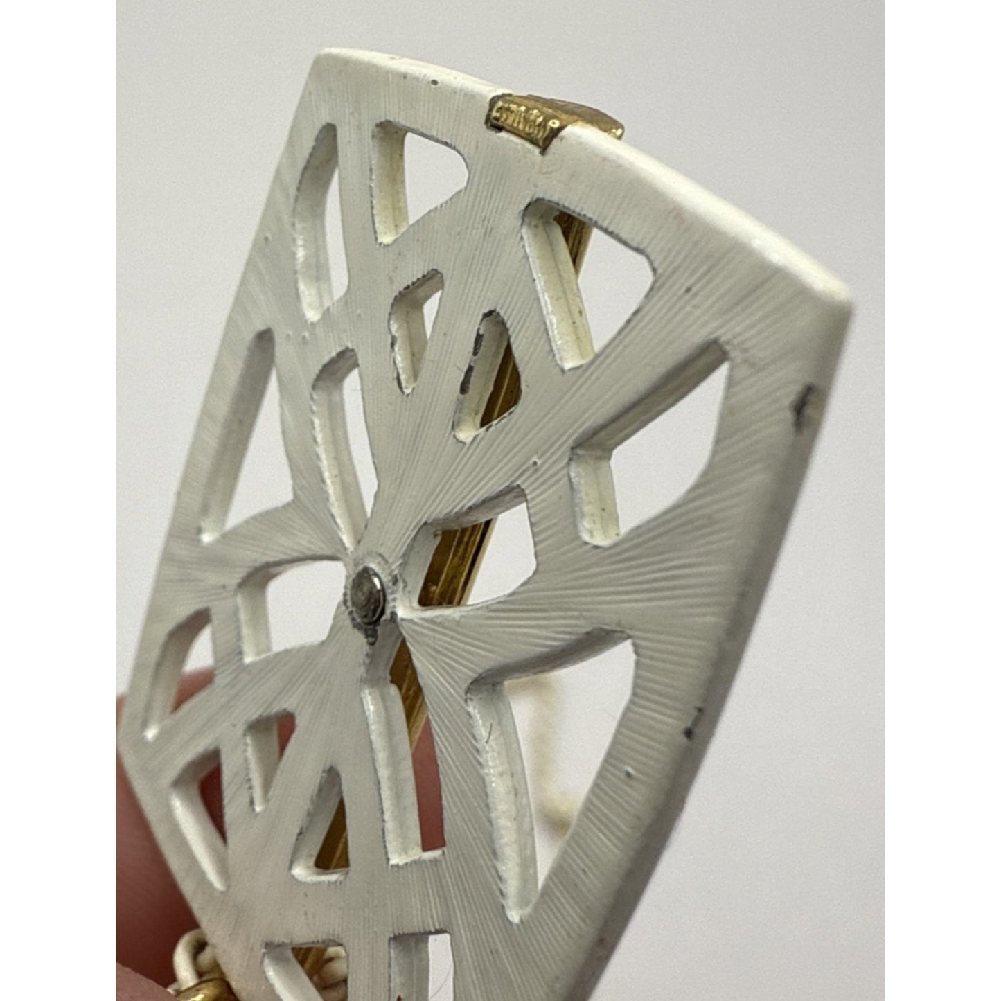 Vintage Crown Trifari Modernist White Enamel Necklace Pendant Gold Geometric