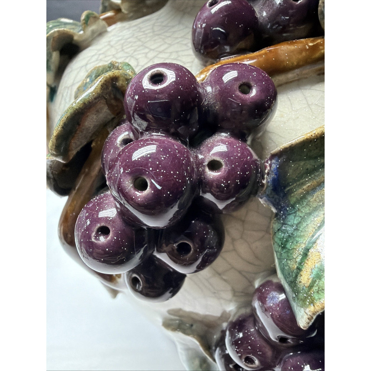 Old Majolica Pottery Chinese Crackle Glaze Rope Grapes Berries Leaves Vine As Is