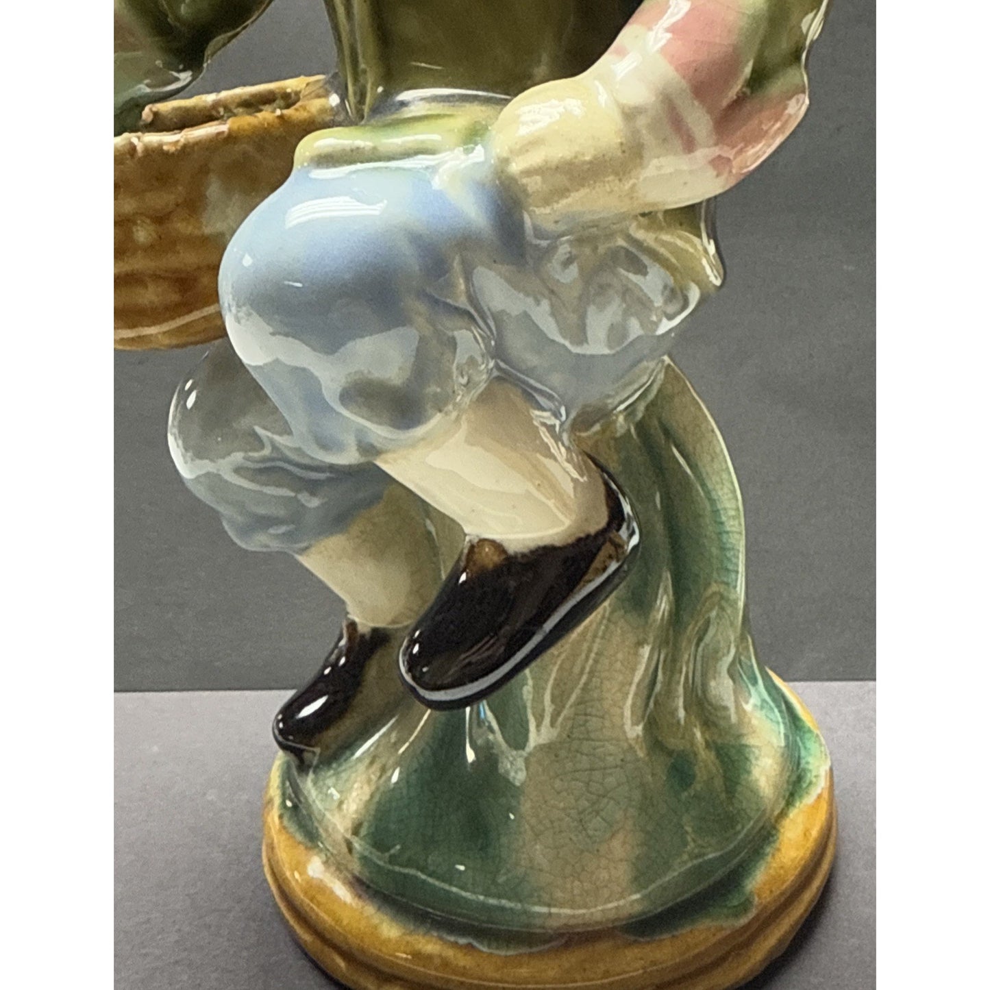 Vintage Majolica Pottery Glazed Crackle Man Holding Basket Sitting Signed As Is