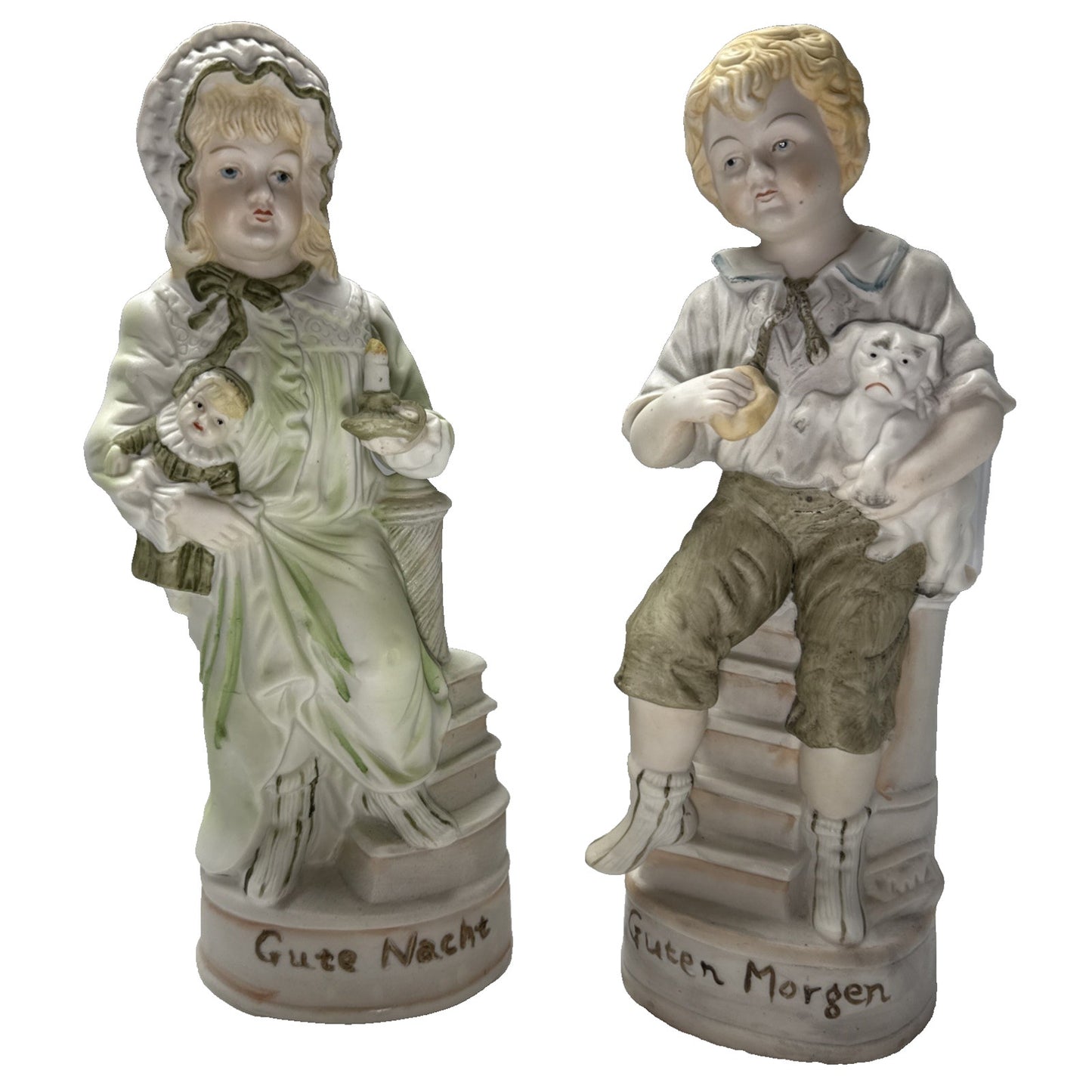 Vtg Pair Germany Bisque Porcelain Figurines Good Night Morning Boy Girl Puppy