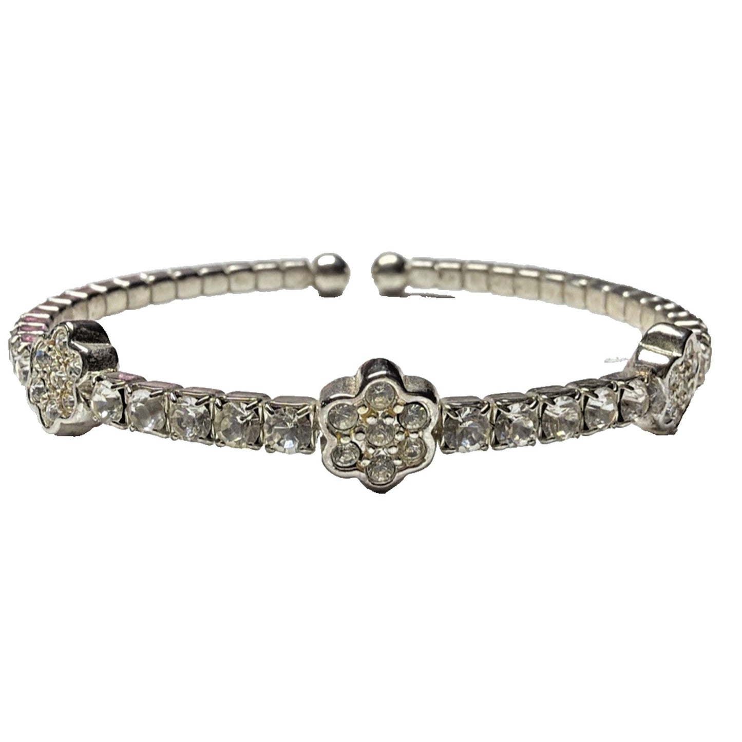 Vintage Clear Rhinestone Silver Cuff Bracelet Flower Clover