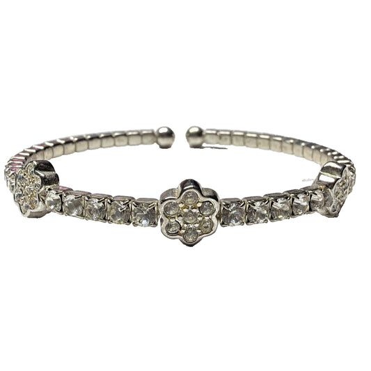 Vintage Clear Rhinestone Silver Cuff Bracelet Flower Clover
