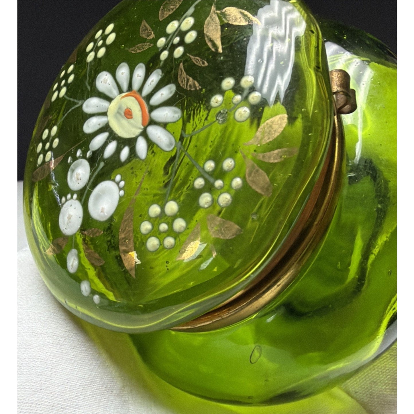 Antique Moser Bohemian Blown Glass Hand Painted Enamel Green Hinged Trinket Box