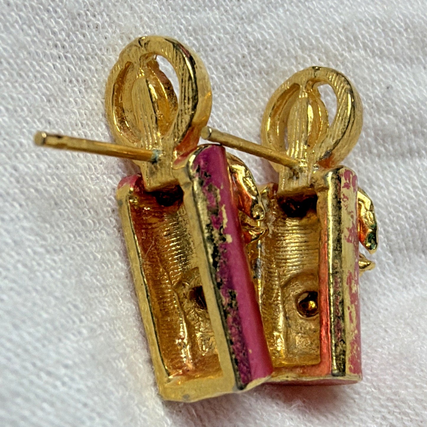 Vintage Enamel Rhinestone Candlestick Candle Earrings Pink Gold Tone