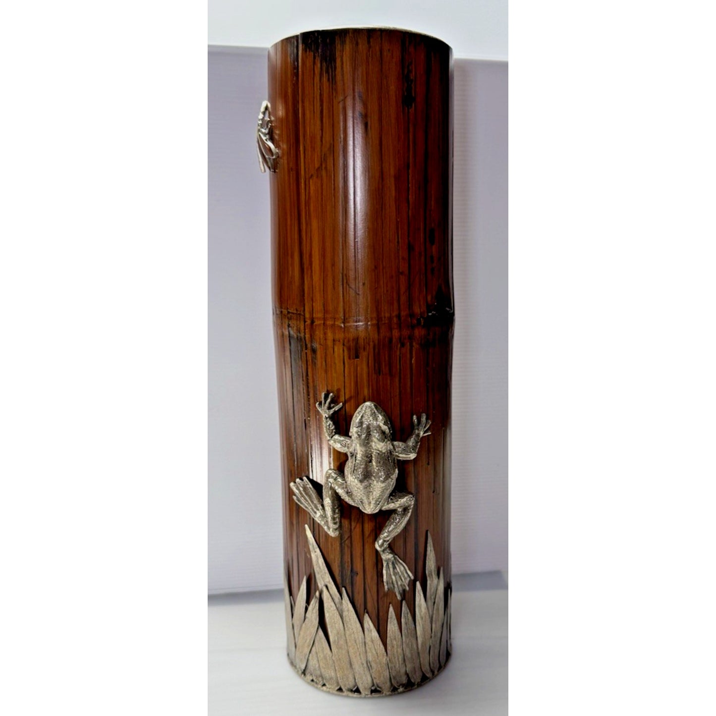 Old Japanese Bamboo Wood Vase Silvered Frog Grass Enameled Butterfly Large Read