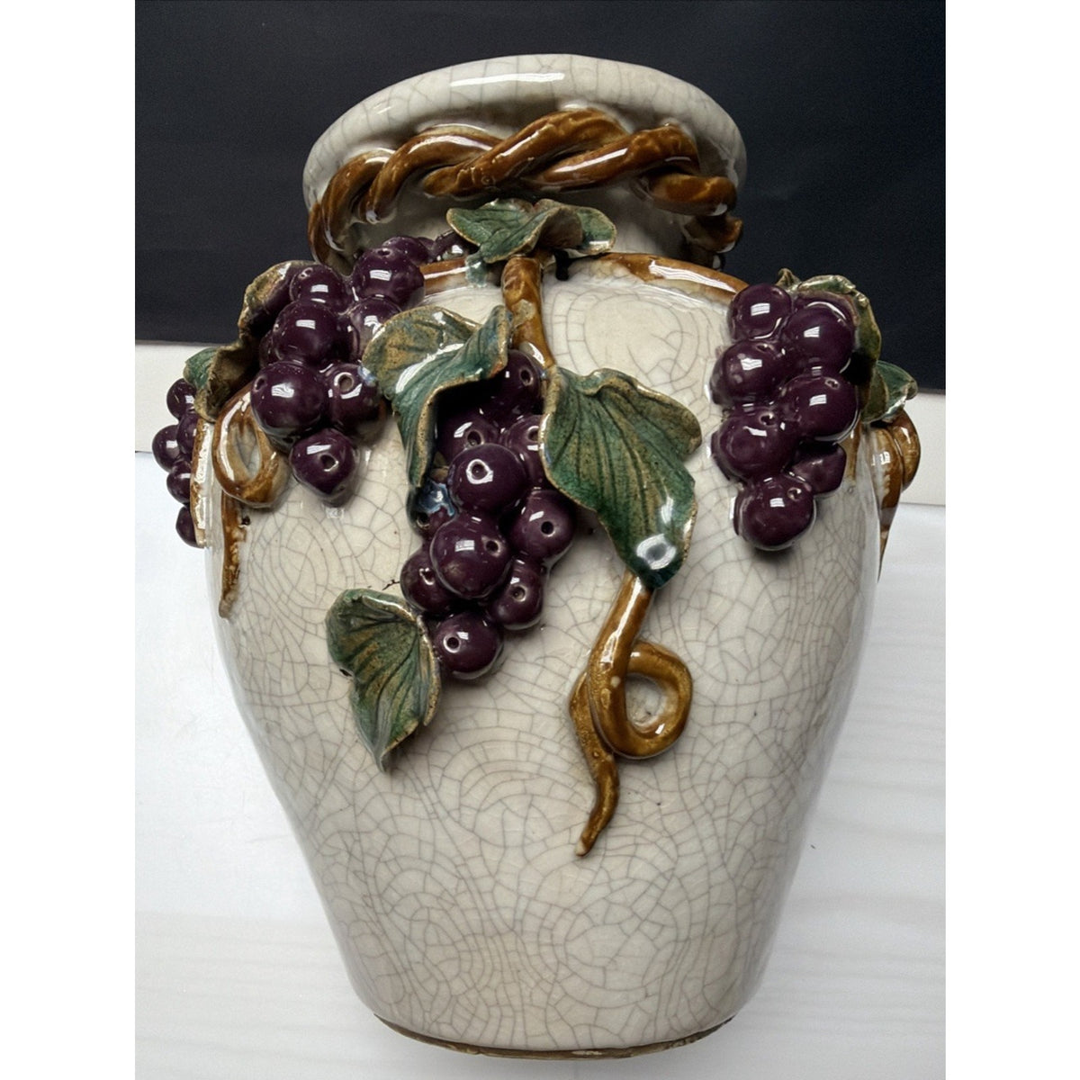 Old Majolica Pottery Chinese Crackle Glaze Rope Grapes Berries Leaves Vine As Is