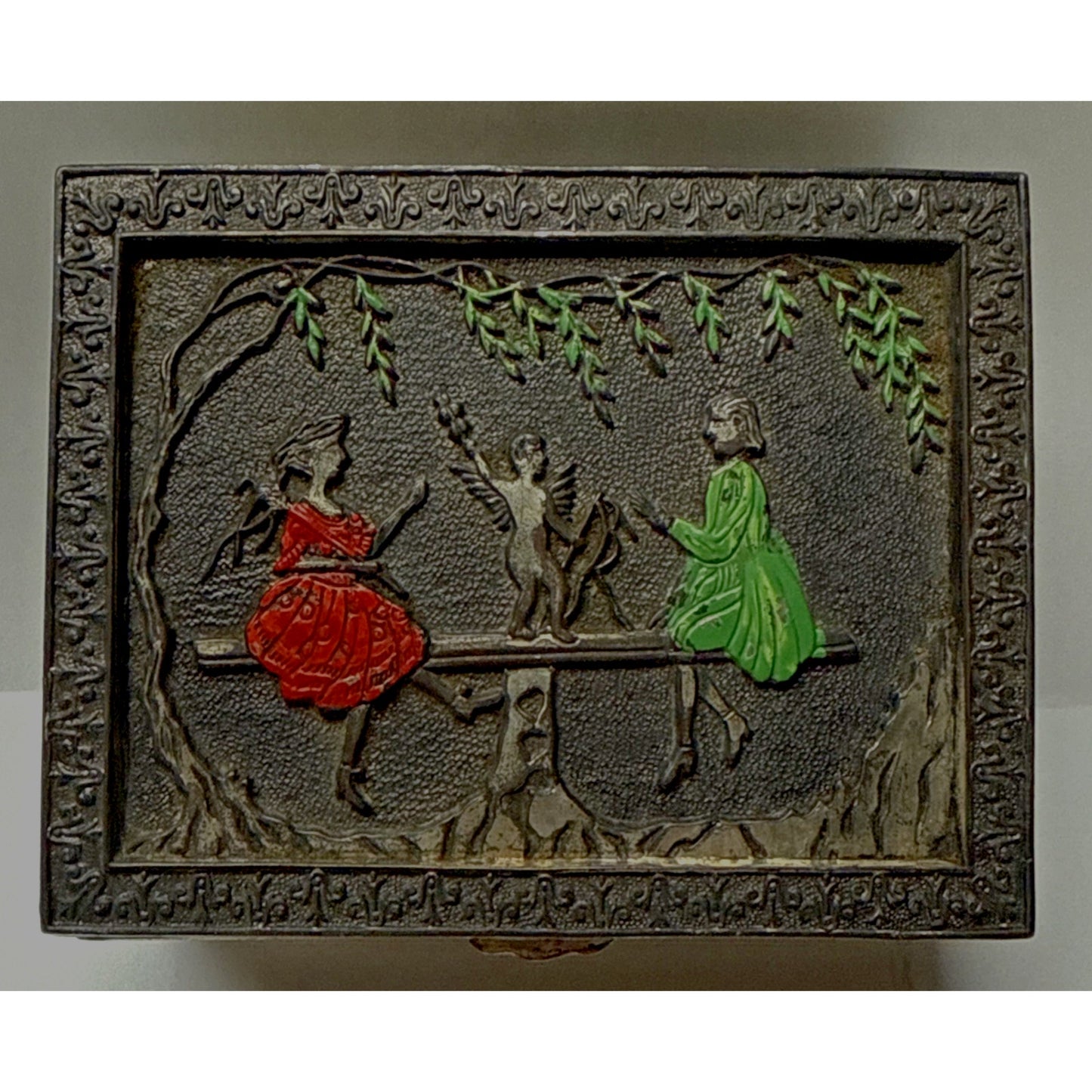 Vintage Victorian Metal Wood Cigarette Box Angel Women Ornate Japan As Is